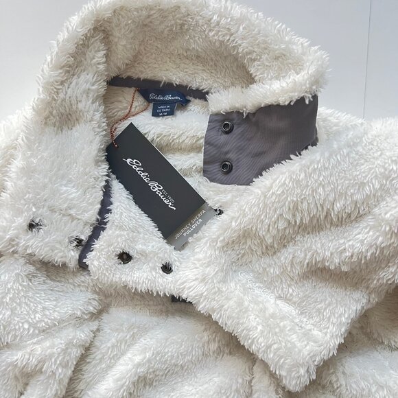 NWT Eddie Bauer Sherpa Fleece Pullover Coconut Milk & Frost Gray Snap-Neck, Sz M - Picture 14 of 16